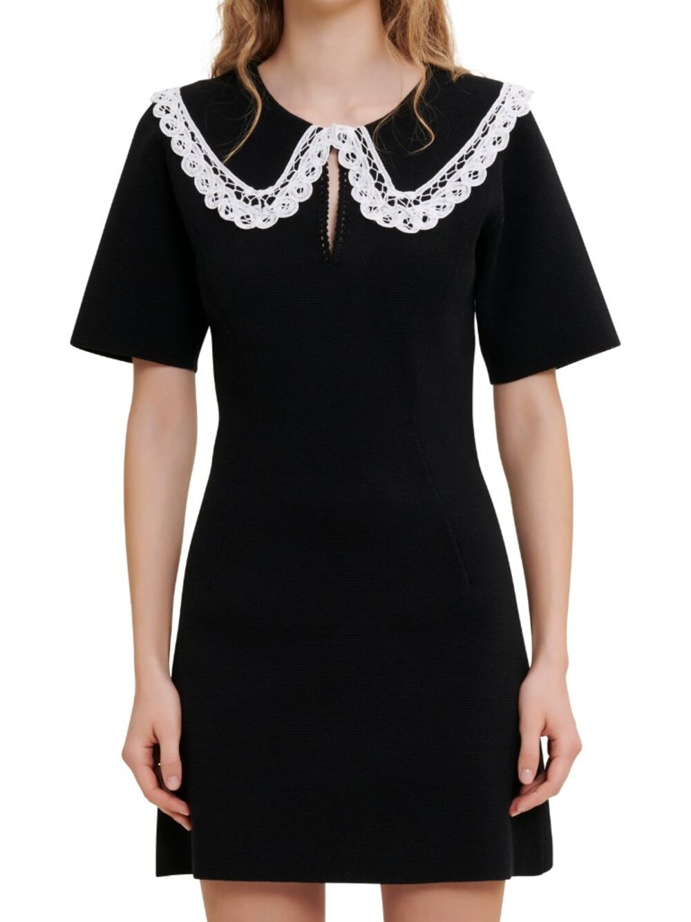Maje Rimandal Peter Pan Collar Cotton Knit Minidress Black Size EU36